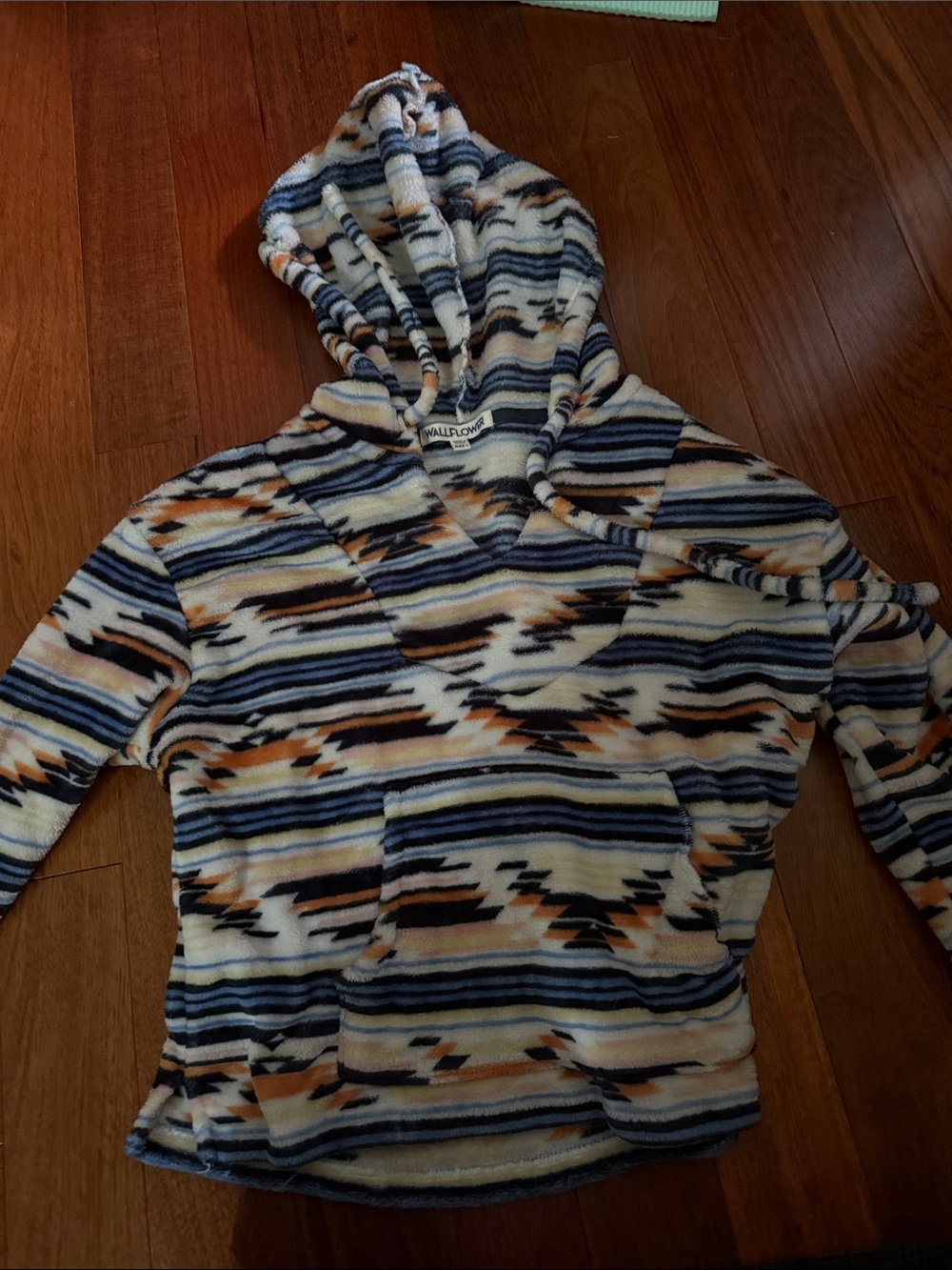 Wallflower Fuzzy Striped Hooded Sweater in Navy, Cream, and Tan SEE SIZE NOTE